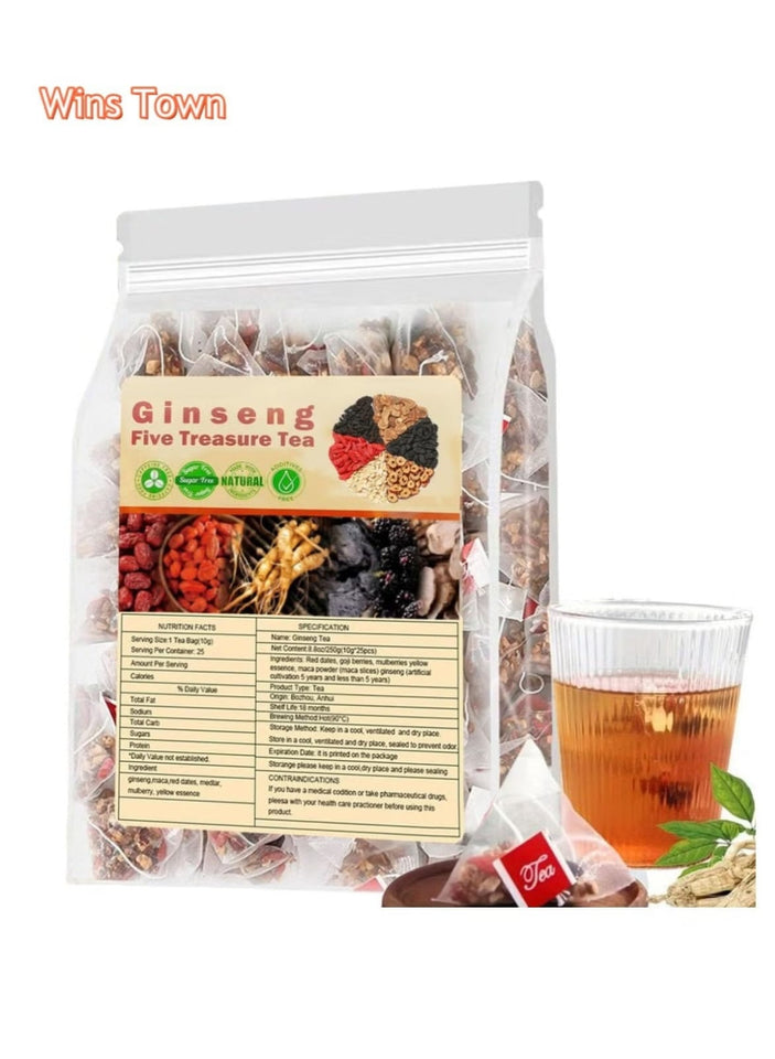 Five-Treasure Ginseng Herbal Tea – 20 Sachets (5g Each) | Red Dates, Goji Berries, Mulberries, Astragalus & Ginseng