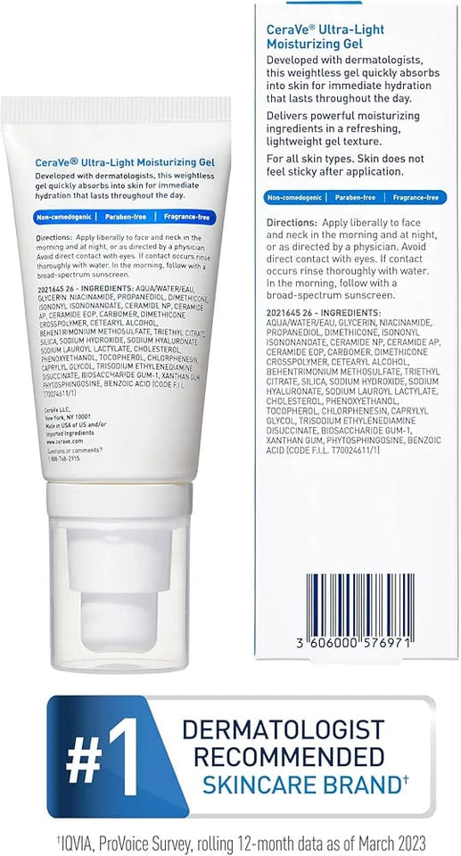 CeraVe Ultra-Light Moisturizing Gel | Hydrating Gel Face Moisturizer with Ceramides, Niacinamide, Hyaluronic Acid | Fragrance Free | Oil-Free | Weightless Mattifying Moisturizer | 1.75 FL Oz