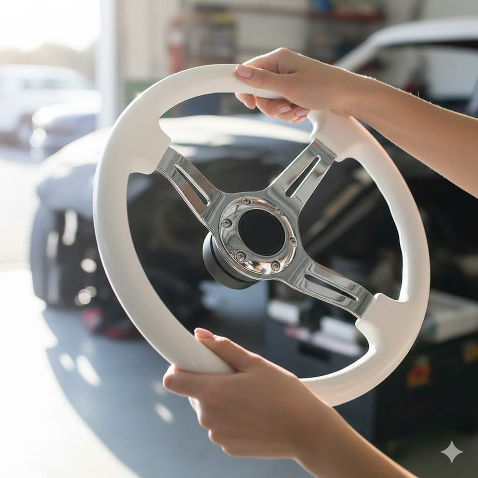 JDM Sports Universal Steering Wheel 14 in 6 - Hole Racing Steering Wheel Solid Color Spoke ABS Drifting Wheel Universal For Car (White)