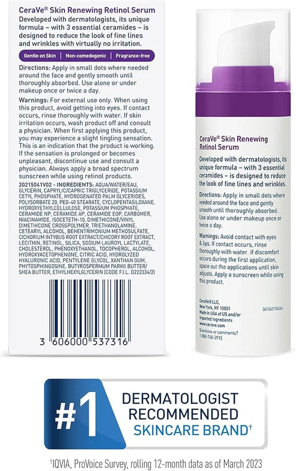 CeraVe Anti Aging Retinol Serum 1 Ounce Cream Serum for Smoothing Fine Lines and Skin Brightening Fragrance Free, 1 Fl Oz