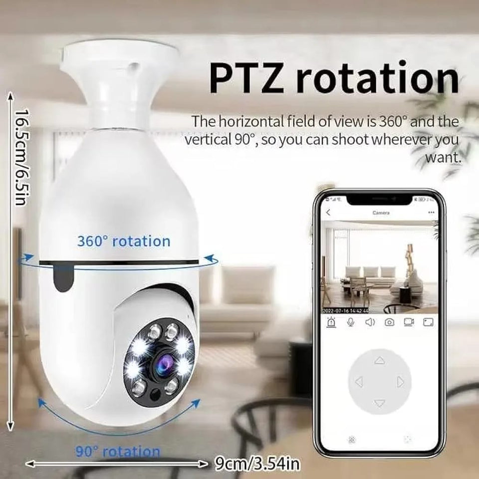 PTZ Light Bulb Camera with Motion Detection – Indoor 360° WiFi Security Camera with Pan Tilt Zoom, HD Video, Night Vision, LED Light, Wireless Surveillance for Home, Office, Garage – B22 Holder