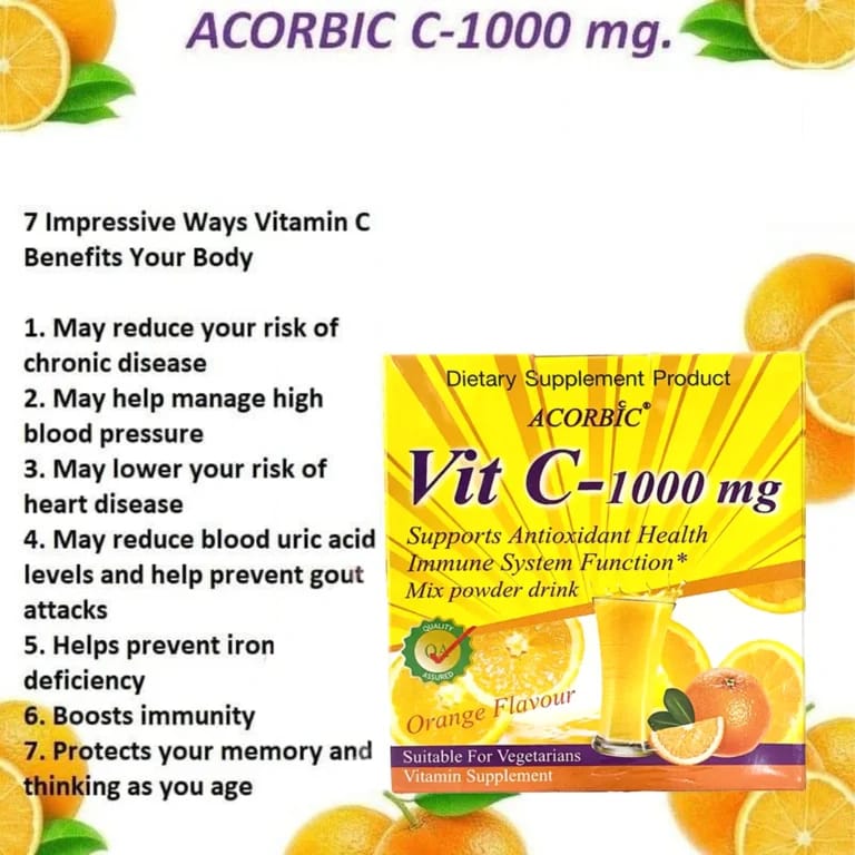Acorbic Vit C – 1000mg Mix Powder Drink 12g x 10 Sachets – Orange Flavour