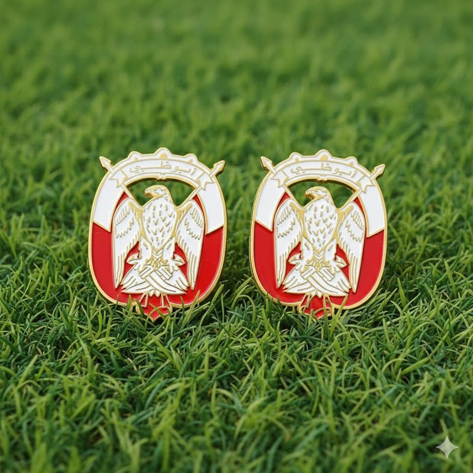 UAE Falcon Emblem Car Badge Sticker 9cm by 7cm, Silver Falcon Design with Flag, Front and Grill Falcon Car Badge. (Abu dhabi Gold and white)