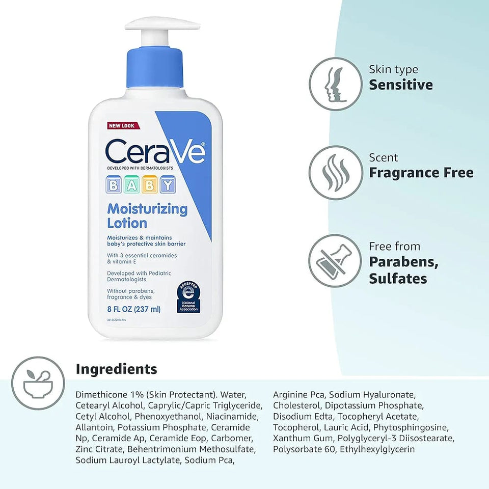 CeraVe Baby Lotion | 8 Ounce | Gentle Baby Skin Care with Hyaluronic Acid | Paraben and Fragrance Free
