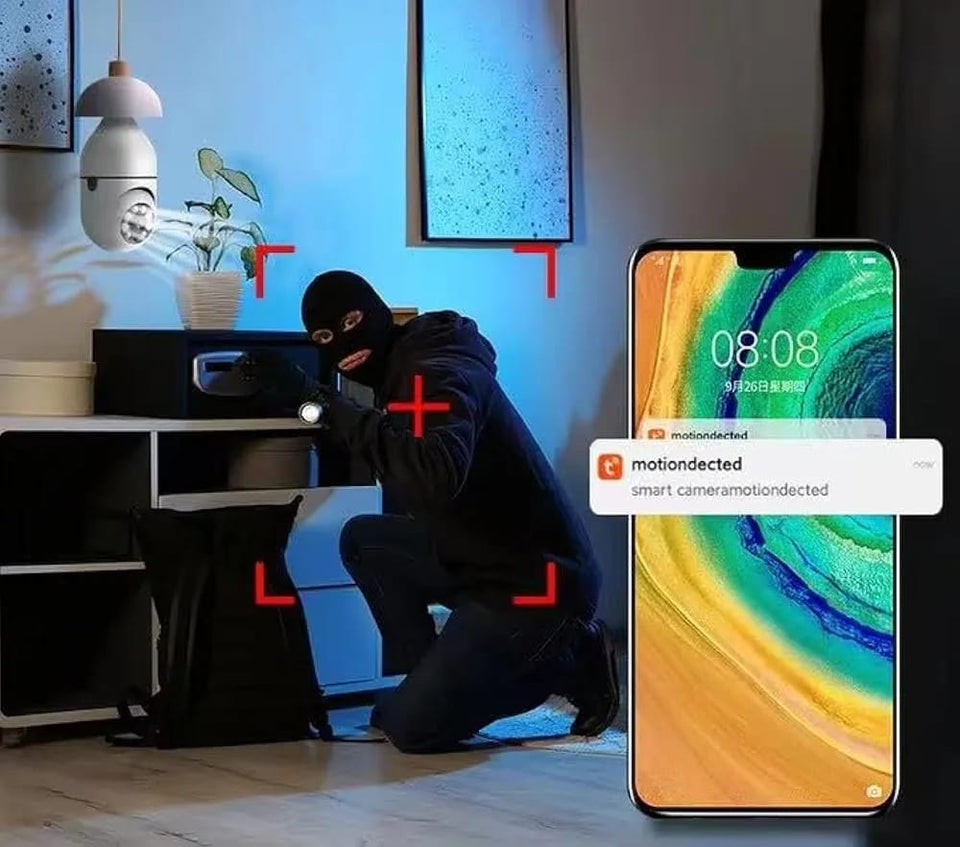 PTZ Light Bulb Camera with Motion Detection – Indoor 360° WiFi Security Camera with Pan Tilt Zoom, HD Video, Night Vision, LED Light, Wireless Surveillance for Home, Office, Garage – B22 Holder