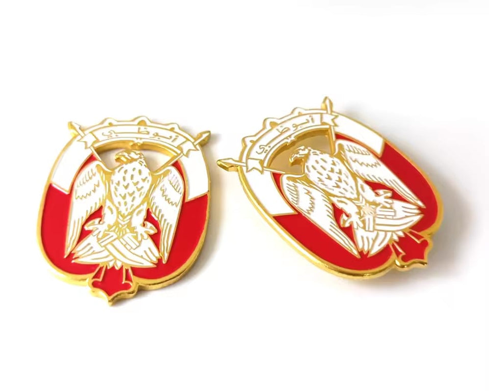 UAE Falcon Emblem Car Badge Sticker 9cm by 7cm, Silver Falcon Design with Flag, Front and Grill Falcon Car Badge. (Abu dhabi Gold and white)