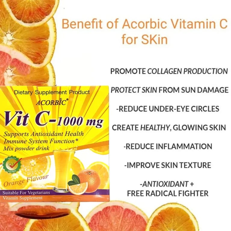 Acorbic Vit C – 1000mg Mix Powder Drink 12g x 10 Sachets – Orange Flavour