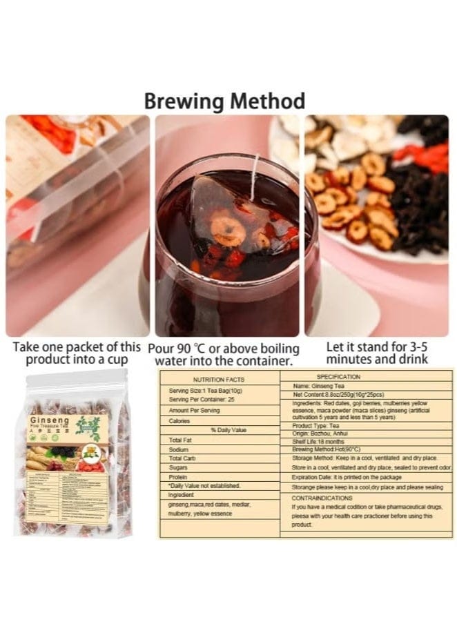 Five-Treasure Ginseng Herbal Tea – 20 Sachets (5g Each) | Red Dates, Goji Berries, Mulberries, Astragalus & Ginseng
